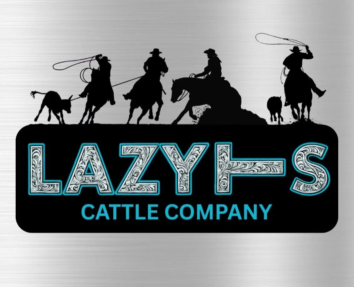Silhouette of four cowboys on horseback, some roping cattle, with a sterling silver tooling logo that says "Lazy TS Cattle Company".