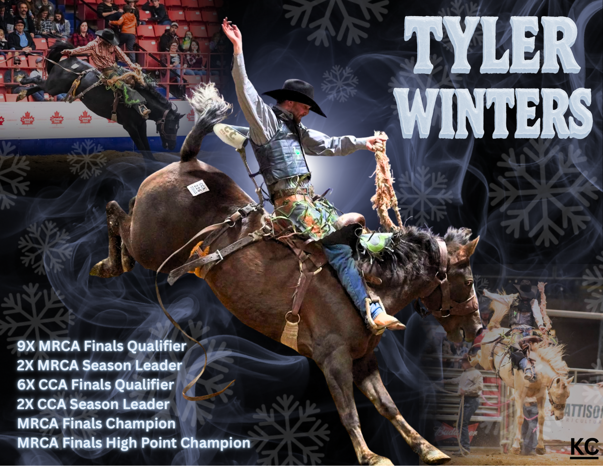 Autograph poster for saddle bronc rider, Tyler Winters, with photos, a graphic background and a list of accomplishments.