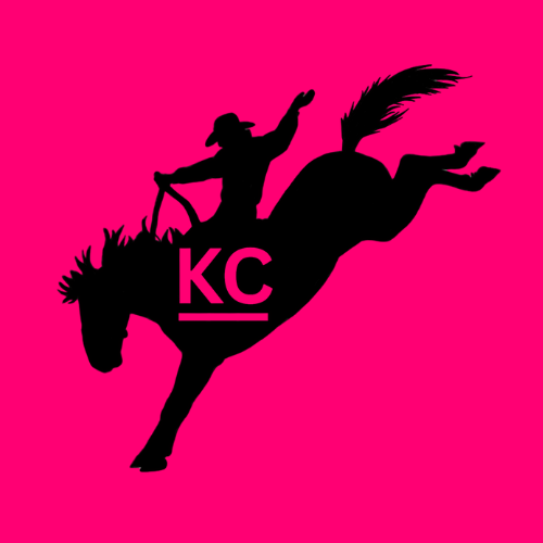 Hand drawn bronc against a pink background with the branded letters 'KC' on the horse's side.