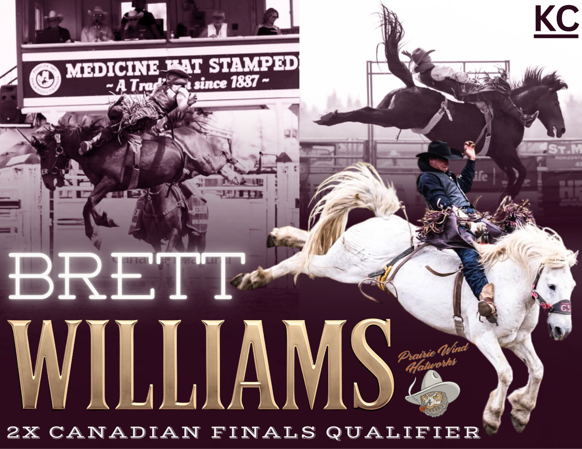 Autograph poster for professional bareback rider, Brett Williams, with photos, a graphic background and sponsor logos. 2x Canadian Finals Qualifier. Showcasing the legendary -C5 Rodeo Bareback and Saddle Bronc Horse of the Year F14 Virgil. 