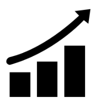Black bar graph with ascending bars and an upward arrow indicating growth or increase.