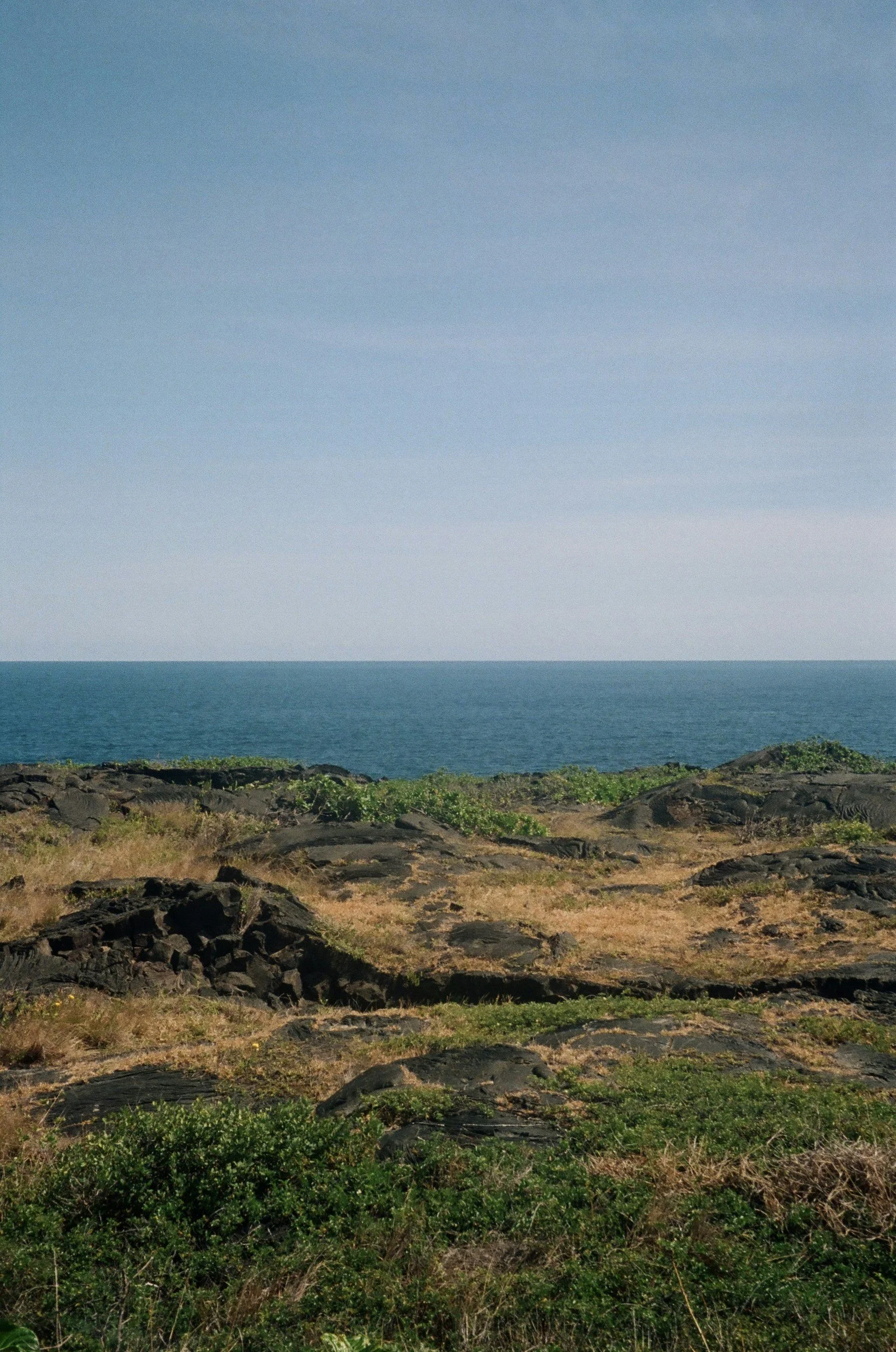 A coastal landscape with rocky terrain, sparse vegetation, and the ocean in the background under a blue sky.