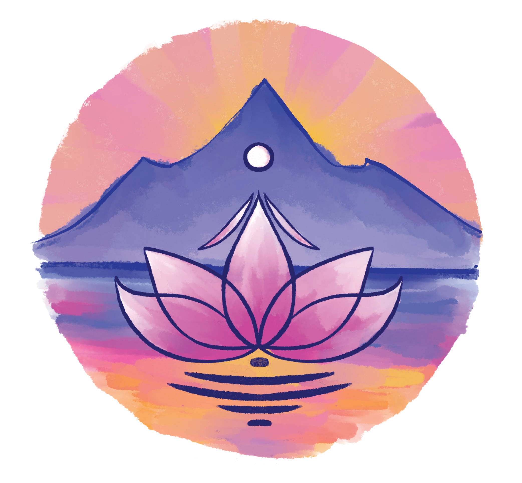 Watercolor illustration of a mountain with a full moon above, a calm lake below, and a pink lotus flower in the foreground, with pink and orange hues in the sky.