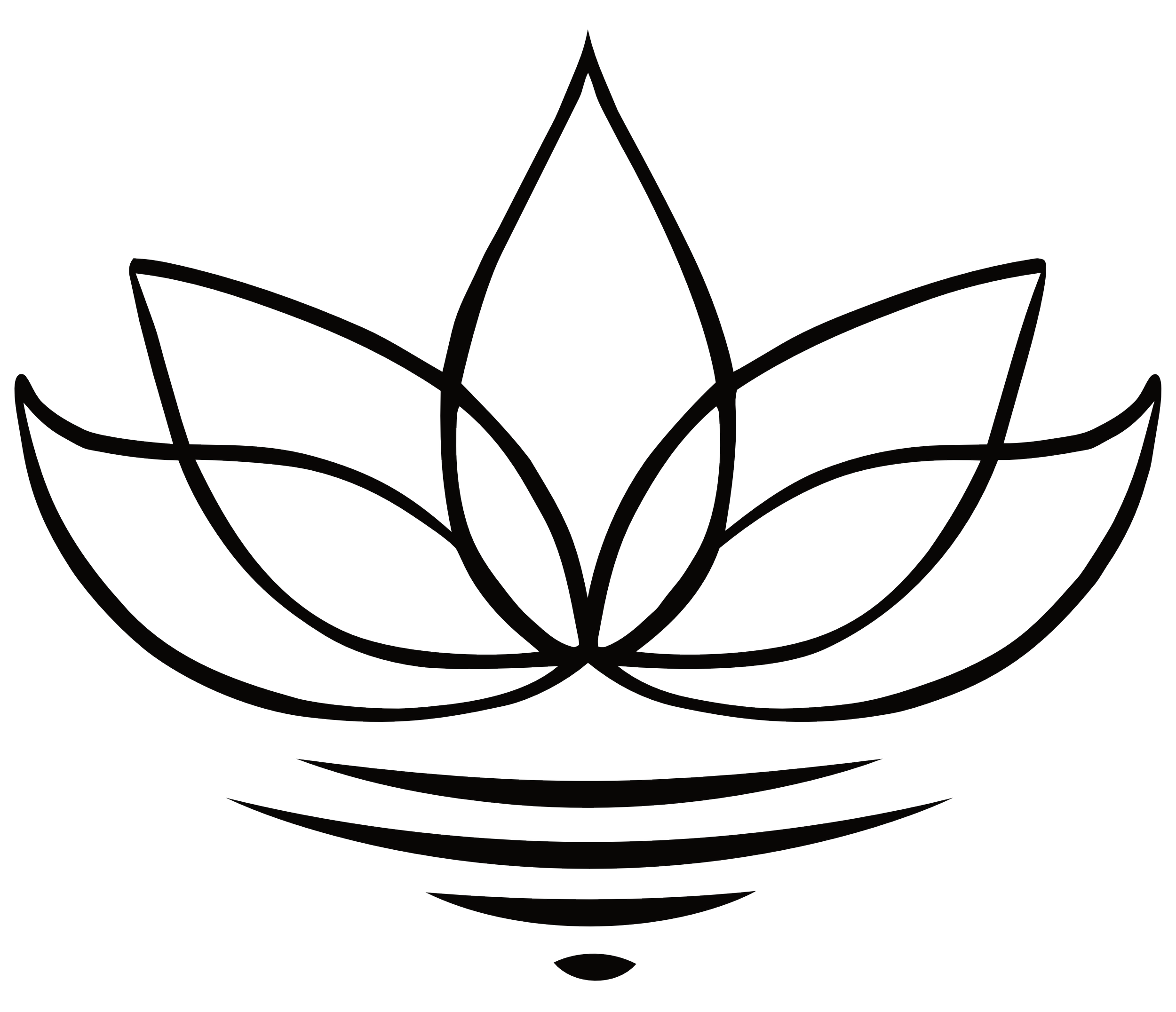 Simple black outline of a lotus flower, with three water lines underneath.