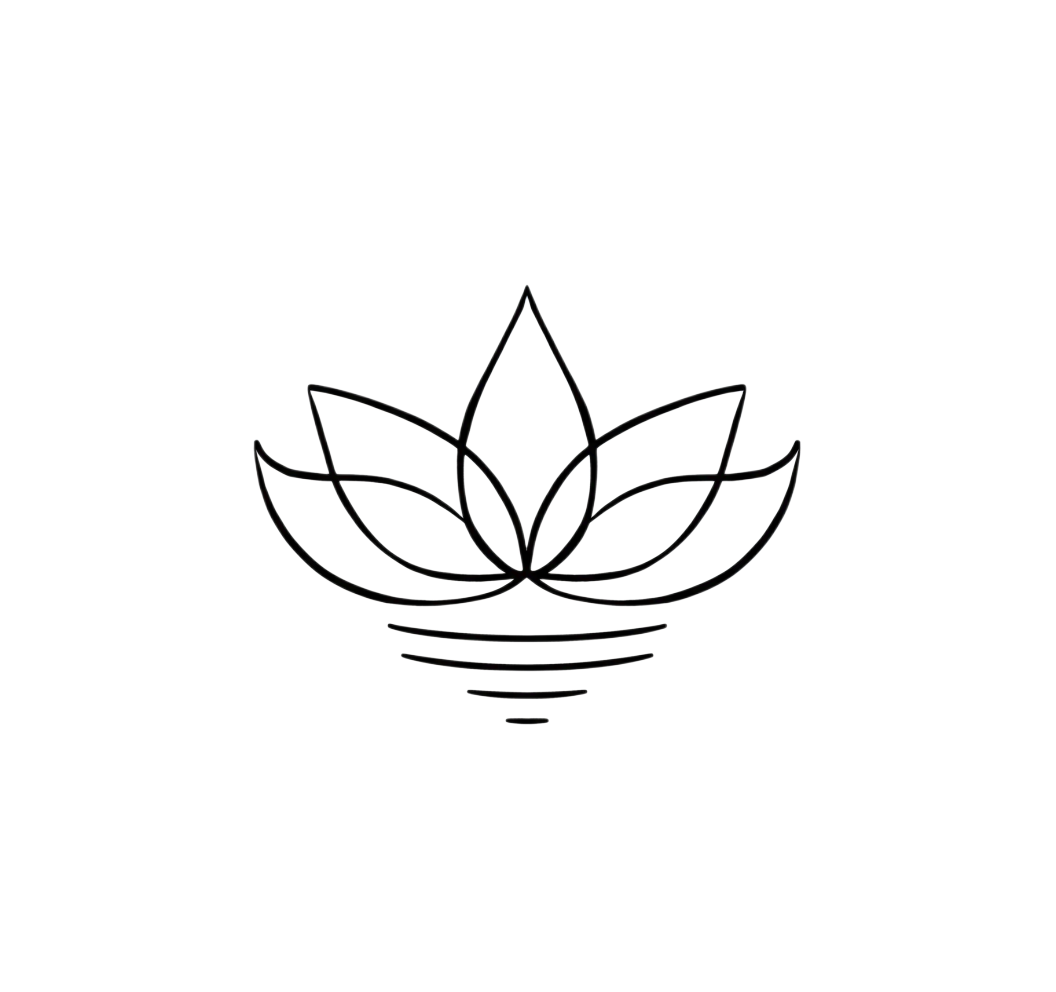 Minimalist line art of a lotus flower with stylized petals and ripples underneath, on a white background.