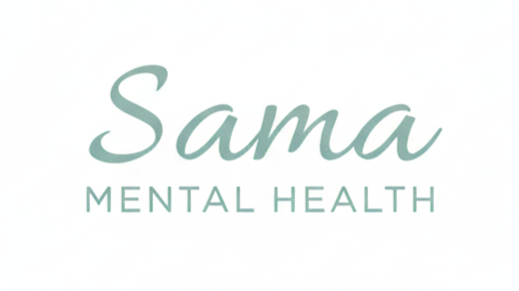 Logo with the text 'Sama Mental Health' in light green font on a white background