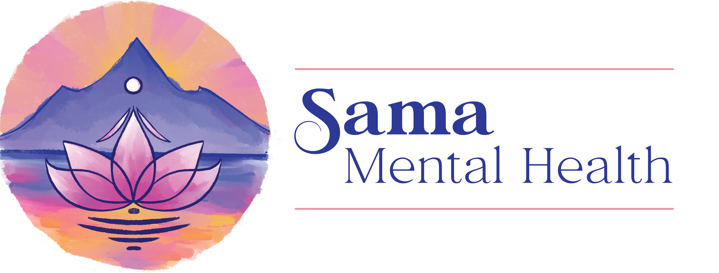 Logo for Sama Mental Health featuring a mountain with a full moon at sunrise, a pink lotus flower, and water reflections with the text "Sama Mental Health" in blue.