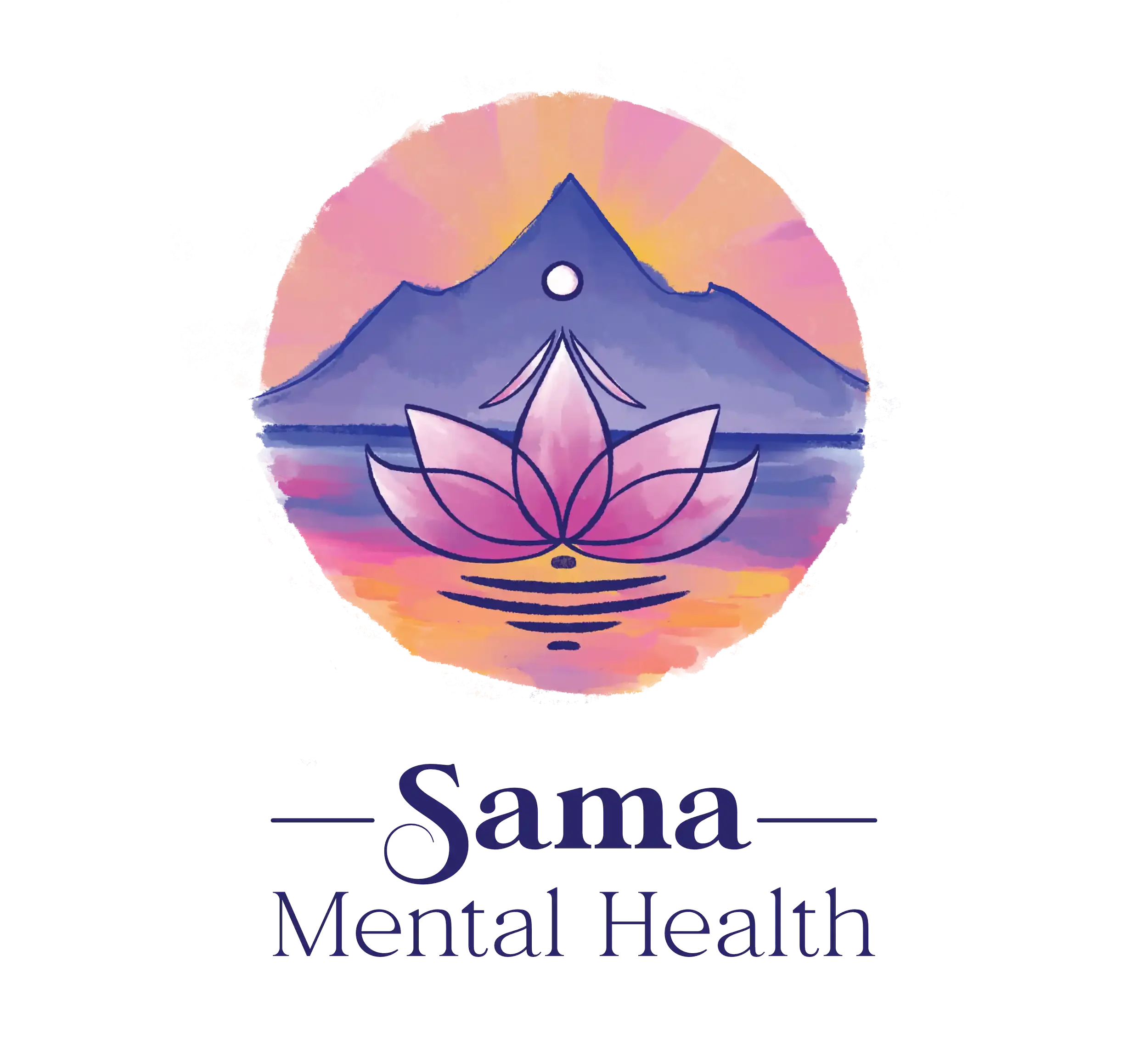 Sama Mental Health Logo - a circle with pink and orange sunrise coming over a purple mountain range and pink lotus flower in the rippling water at center.