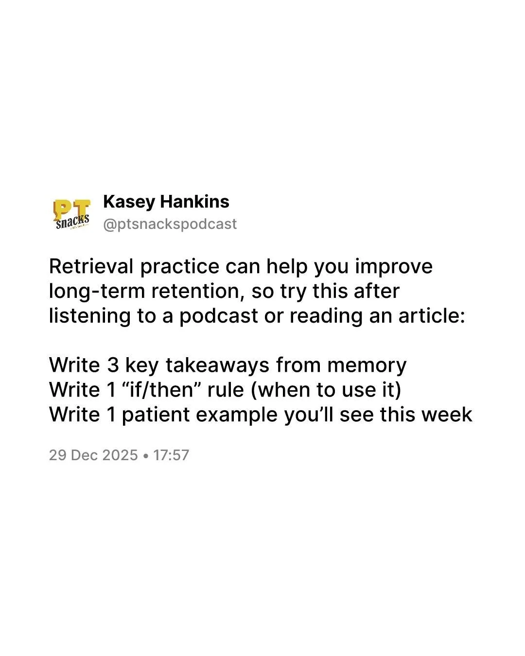 Frustrated with a lack of retention when you're trying to apply what you've learned in a hectic clinic? 

Active learning techniques will actually help you retain more information in less time. 

Recall what you know/have learned, review, then apply 