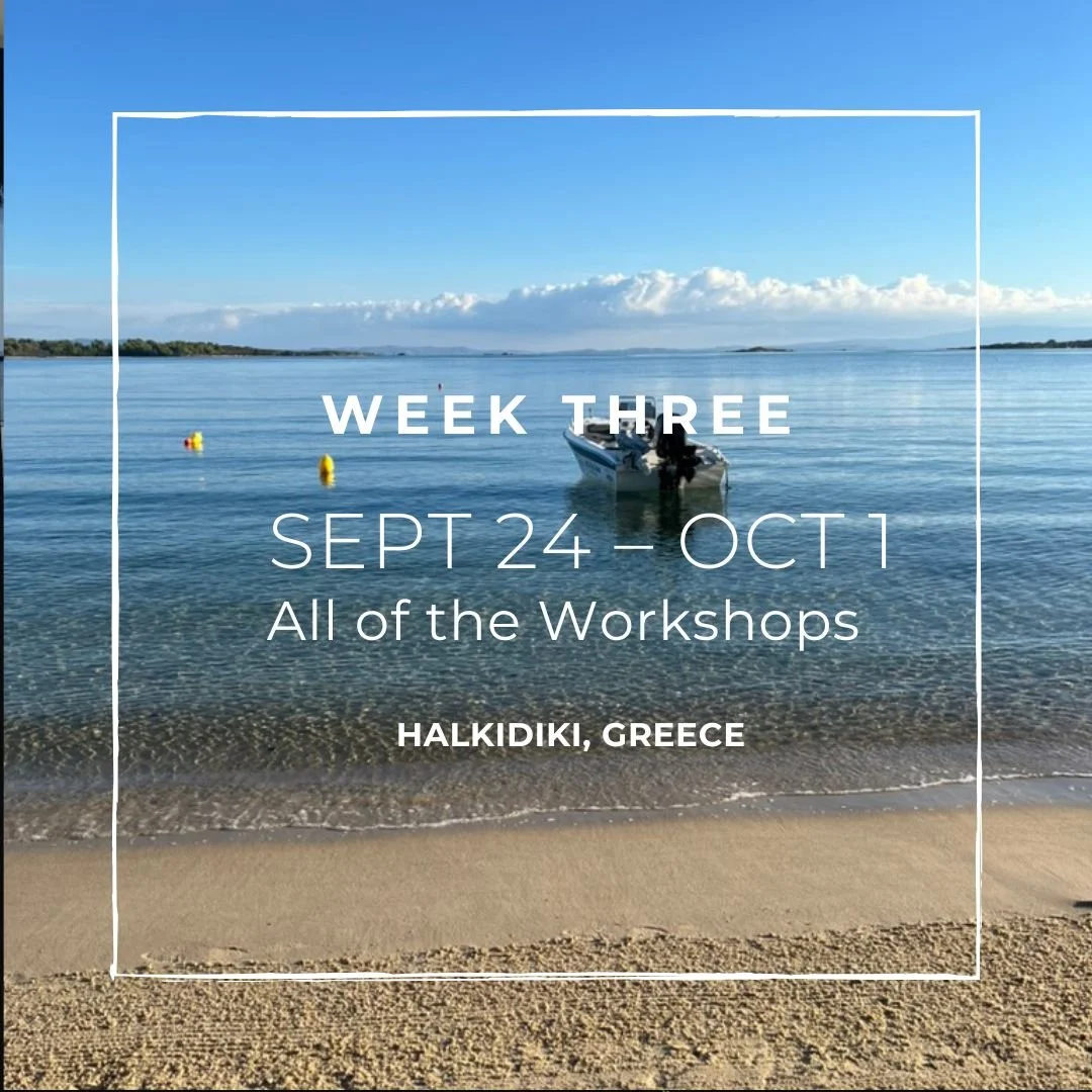 Beach with calm water, a small boat in Halkidiki, Greece with a text promoting a creative writing retreat from September 24 to October 1