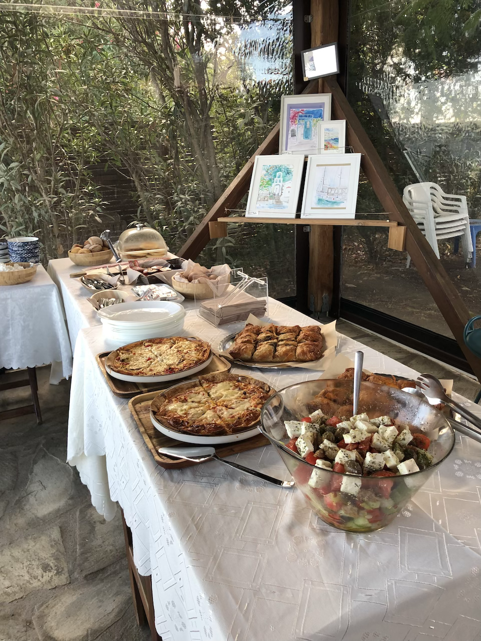 Buffet table with delicious breakfast options at an Ink and Salt creative writing retreat in Vourvourou, Greece