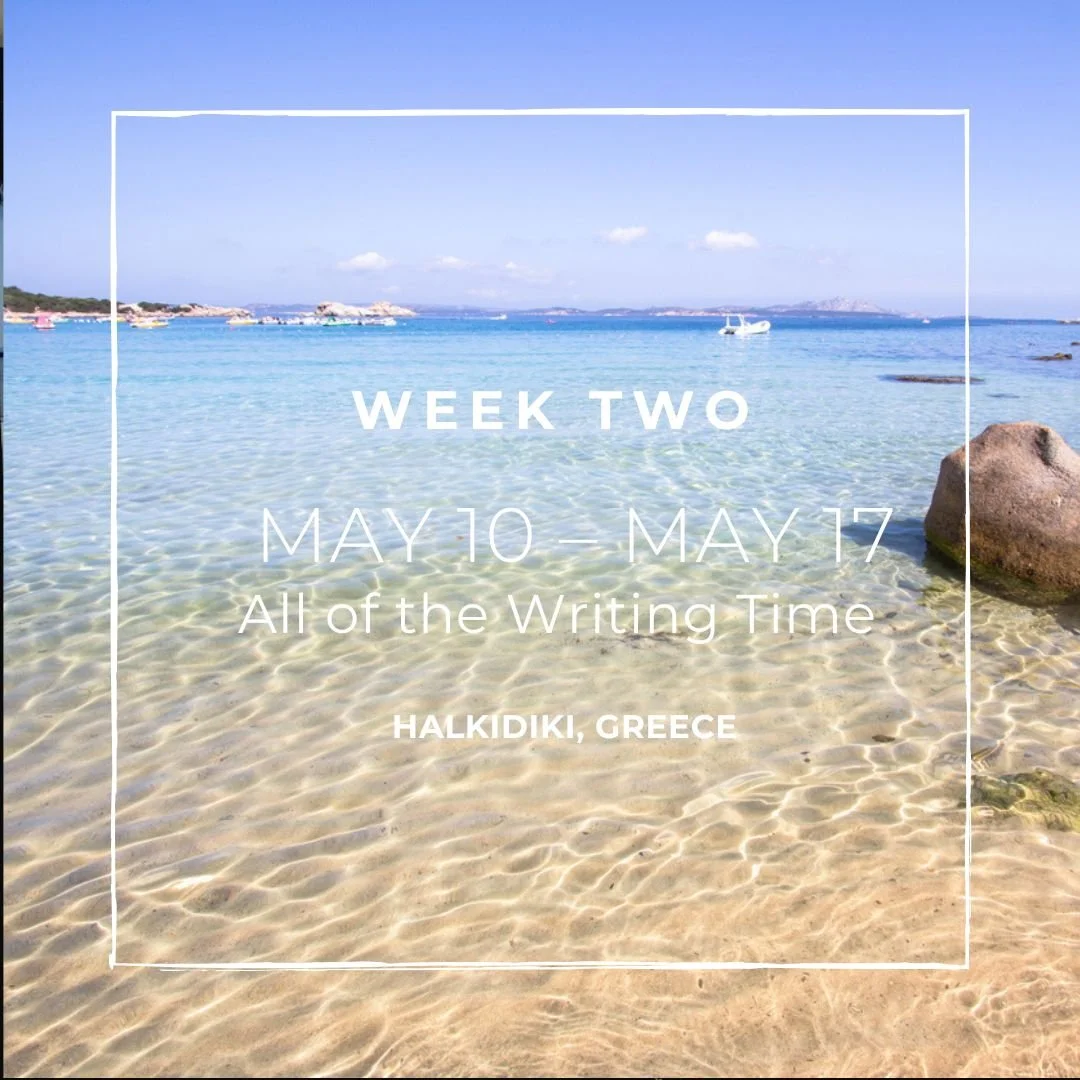 Beach scene at Halkidiki, Greece, with clear water, boats, and rocks, overlaid with text about a creative writing retreat from May 10-17.