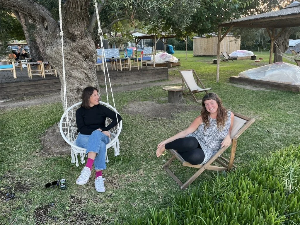 Authors and tutors Jane Flett and Victoria Gosling on site in Vourvourou, Greece, on an Ink and Salt writing retreat