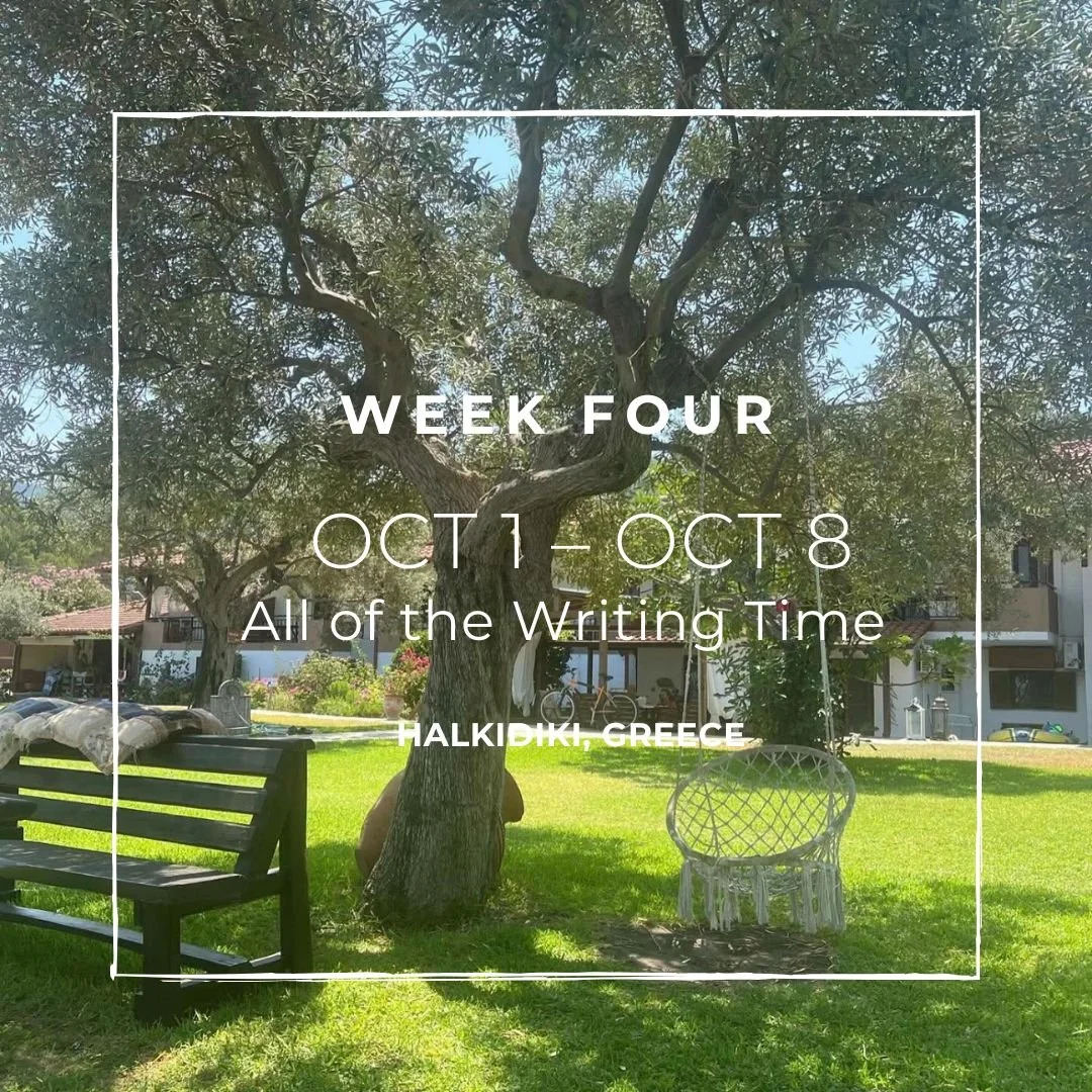 A beautiful guesthouse and olive trees in a grassy area. Overlaid text promotes a creative writing retreat in Halkidiki, Greece from October 1 to October 8.