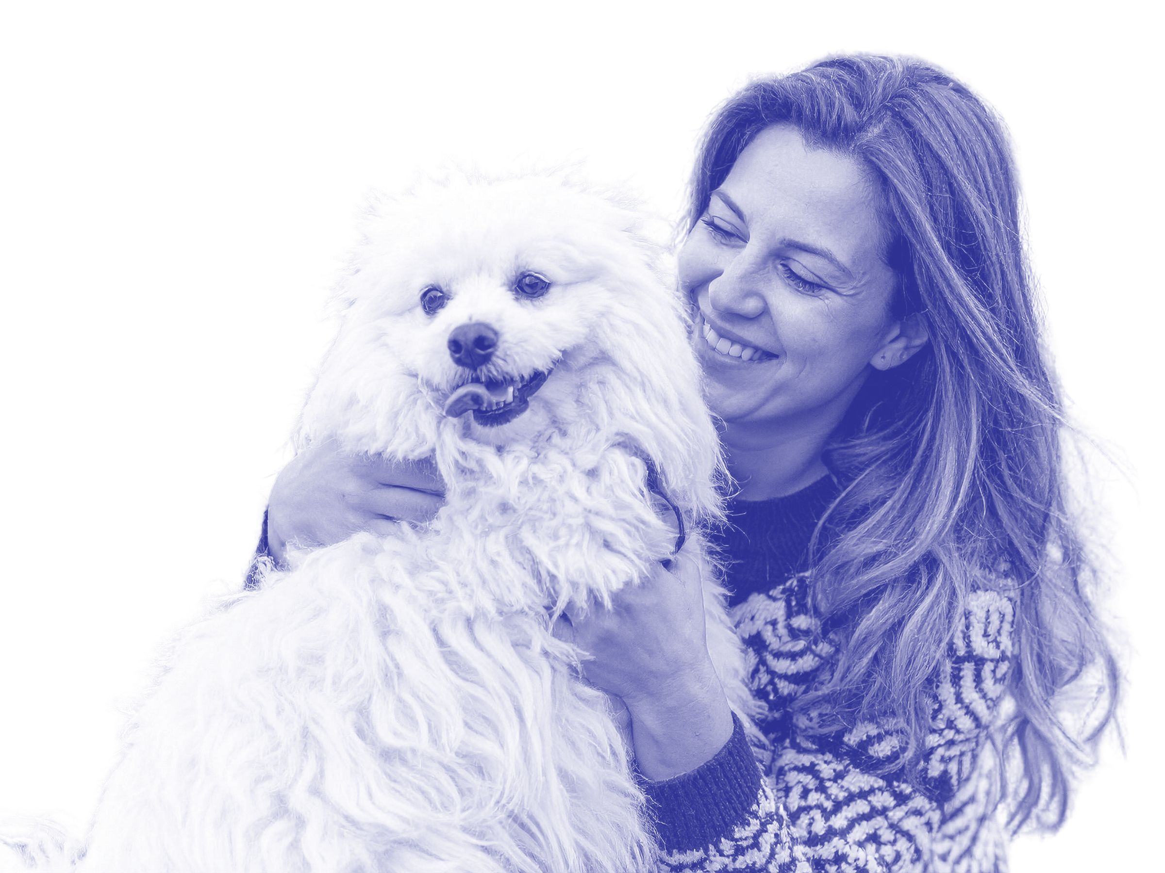 Woman in sweat smiles at medium-sized white dog who is smiling