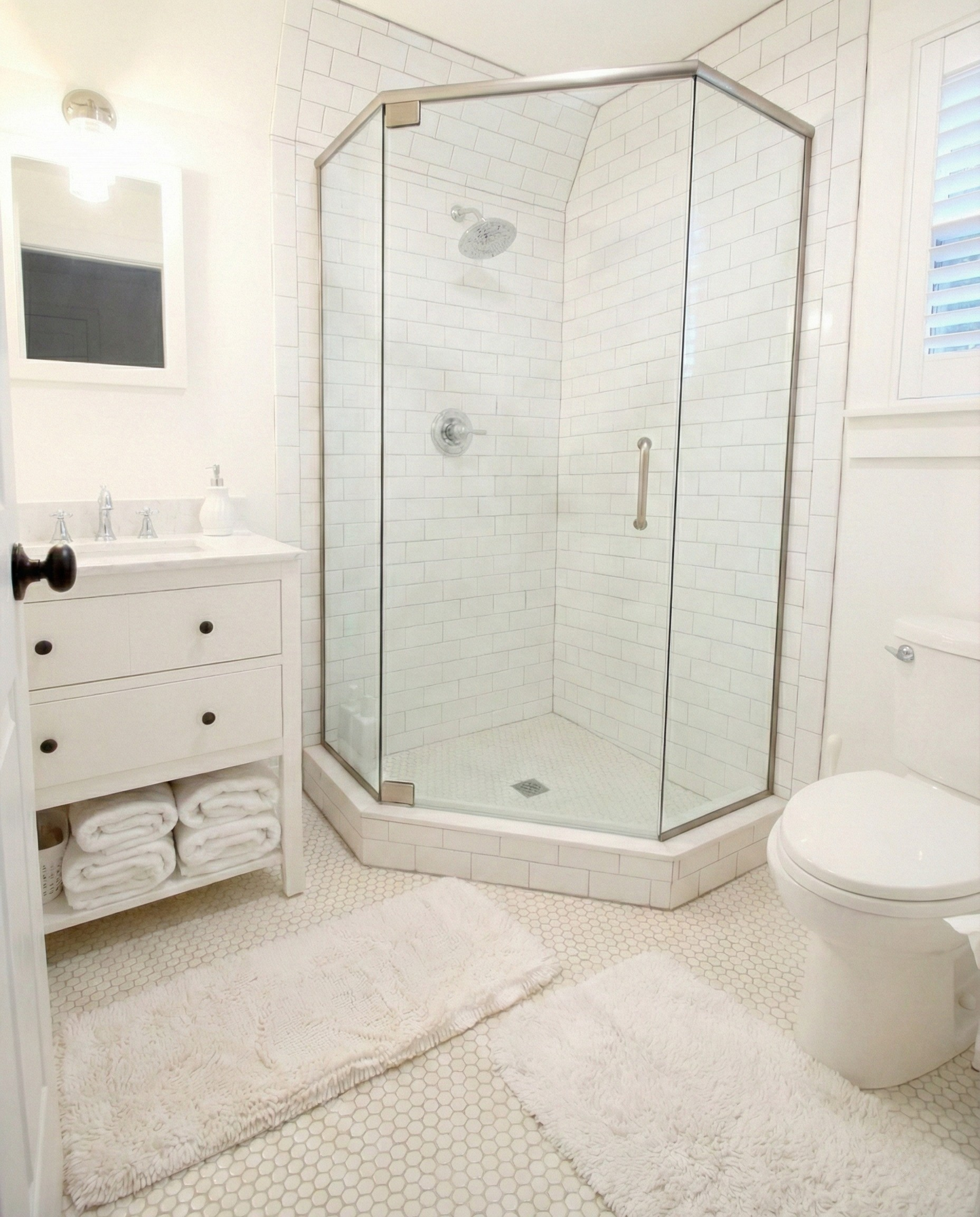 White bathroom with a glass shower enclosure, a white vanity with a mirror, a toilet, and plush white rugs on a hexagonal tile floor.