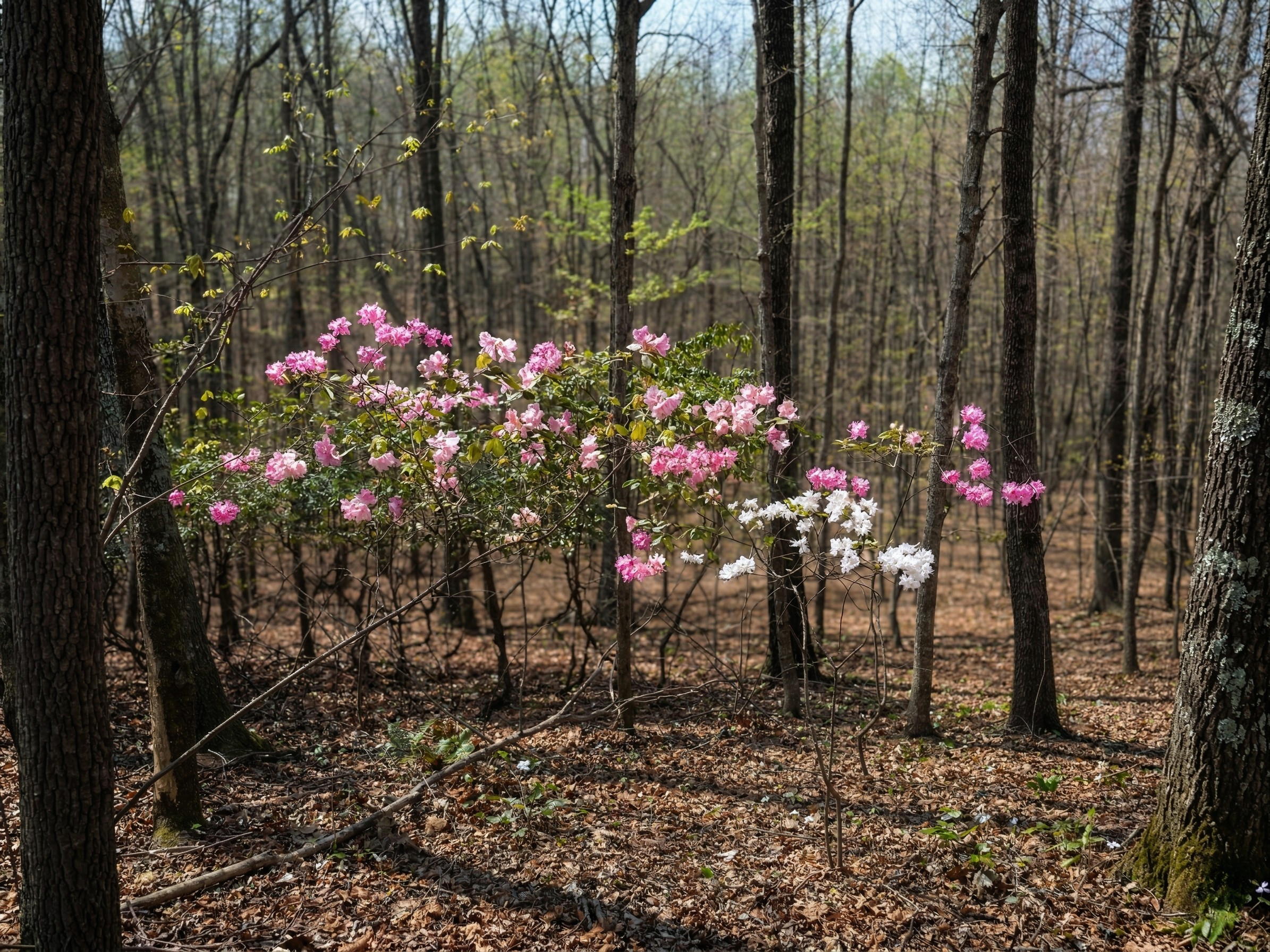 A blooming pink and white flowering shrub in a forest with trees and brown ground.