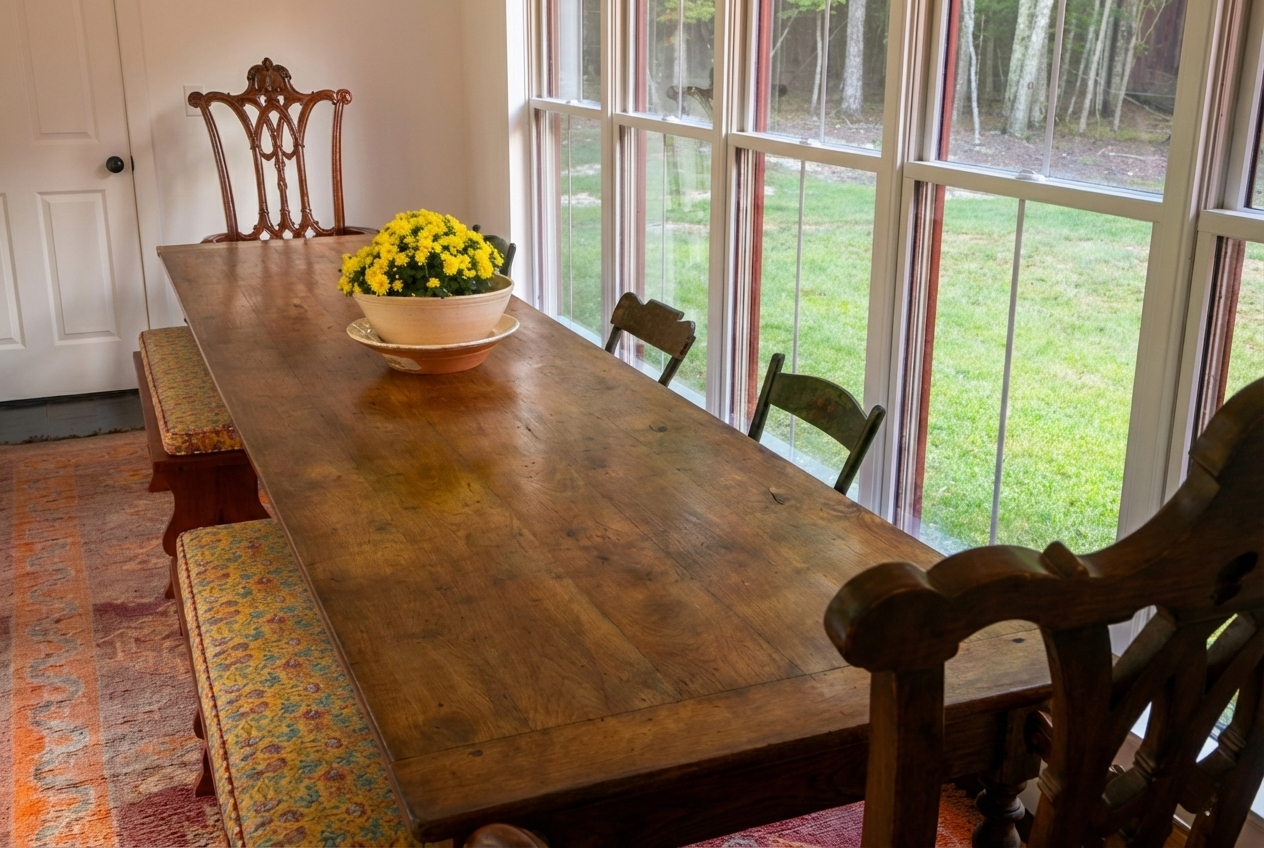 Wooden dining table with a yellow flower arrangement in a large bowl, surrounded by mismatched chairs, next to large windows with a view of green grass and trees outside.