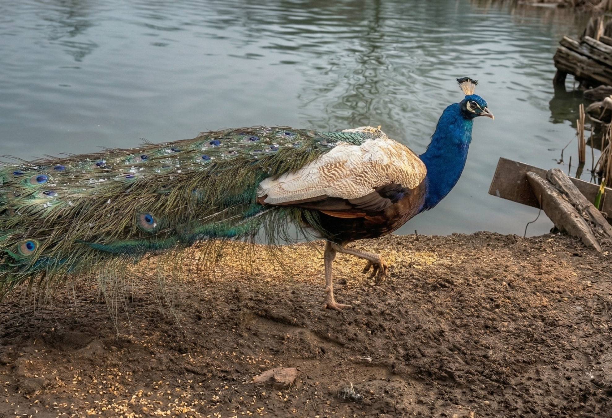 A peacock standing on dirt near a body of water, with its vibrant blue head and long, colorful tail feathers.