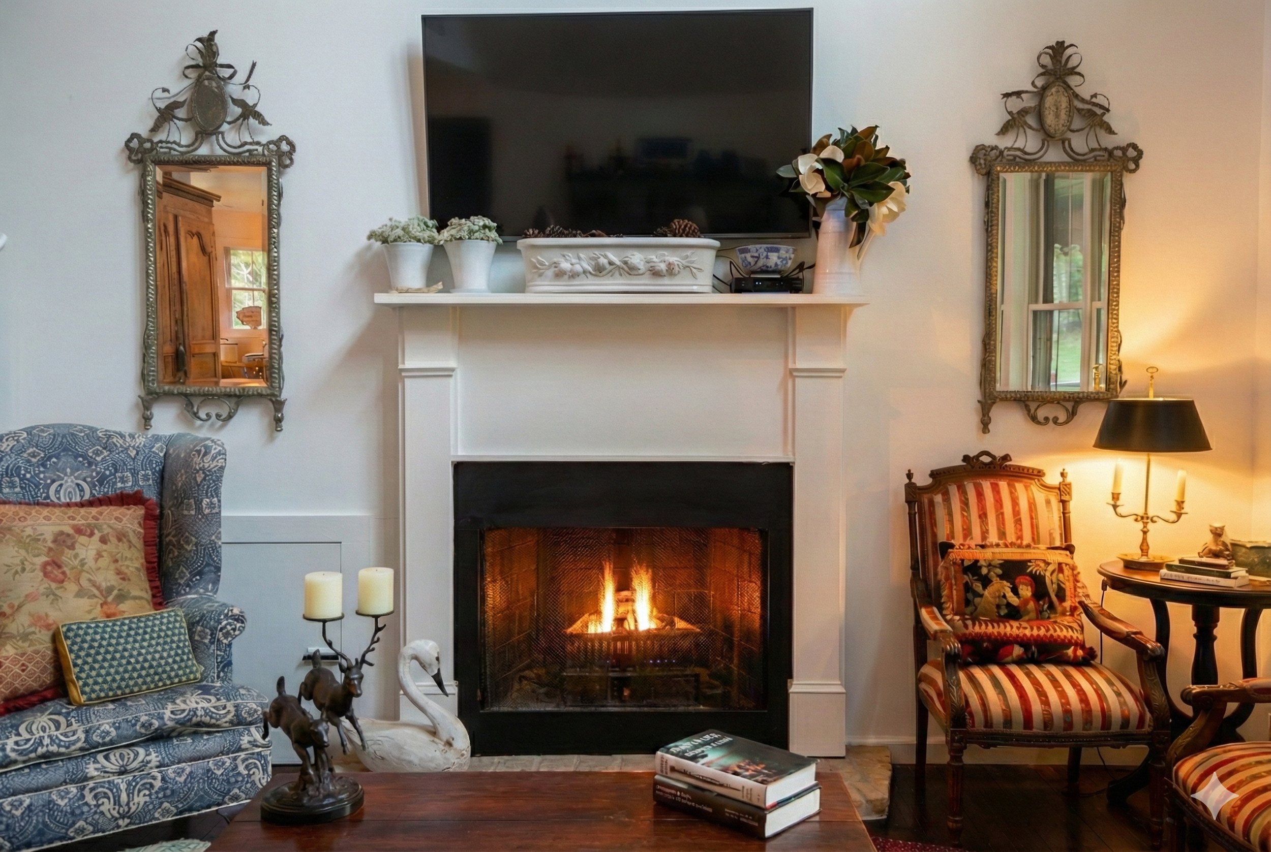 Living room with a lit fireplace, two framed mirrors on the wall, a TV above the fireplace, a floral-patterned sofa with pillows, a table with books and decorations, and a side chair with striped upholstery and a pillow, lit by warm lighting.