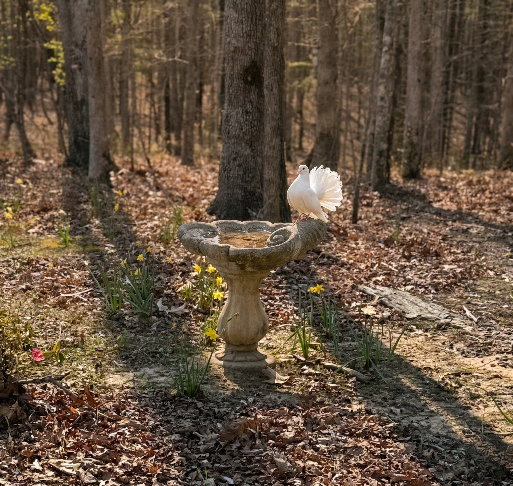 A white dove perched on a decorative stone birdbath in a wooded area with fallen leaves and yellow flowers on the ground.