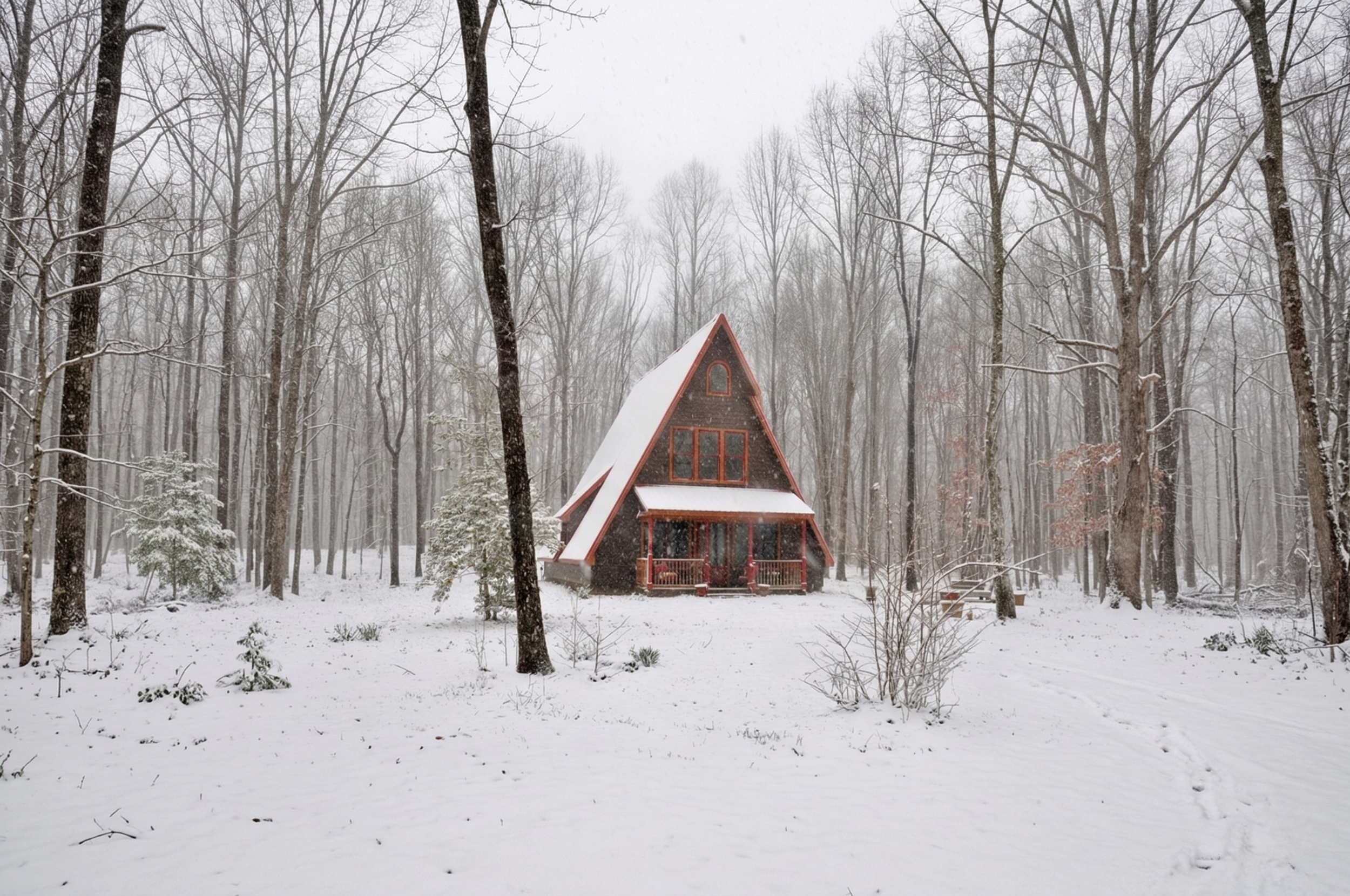 A wooden A-frame cabin surrounded by snow-covered trees and ground in a forest during winter.