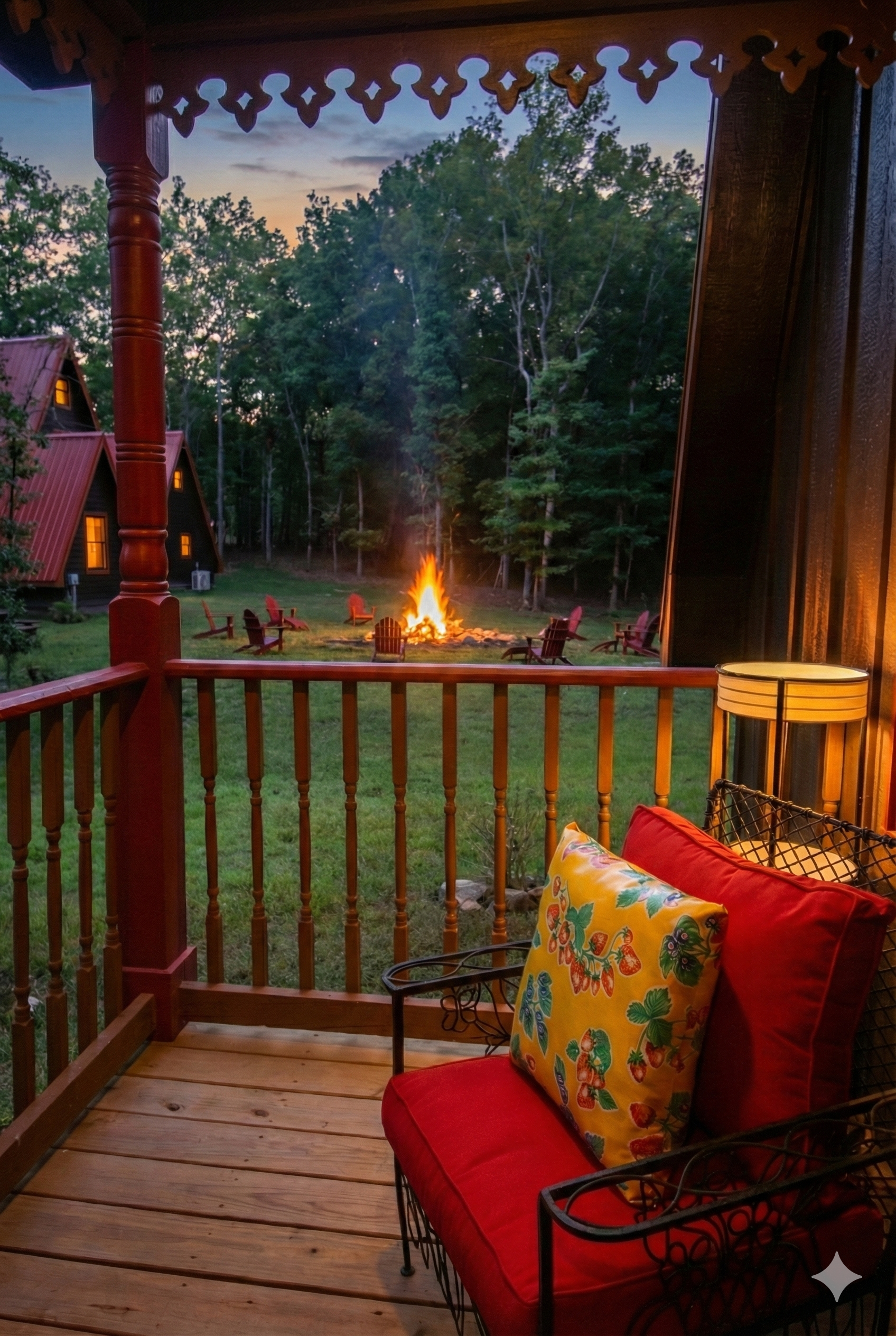 View from a wooden porch overlooking a grassy yard with a campfire surrounded by red Adirondack chairs in a wooded area at dusk. The porch has a black metal chair with colorful pillows and a lamp.