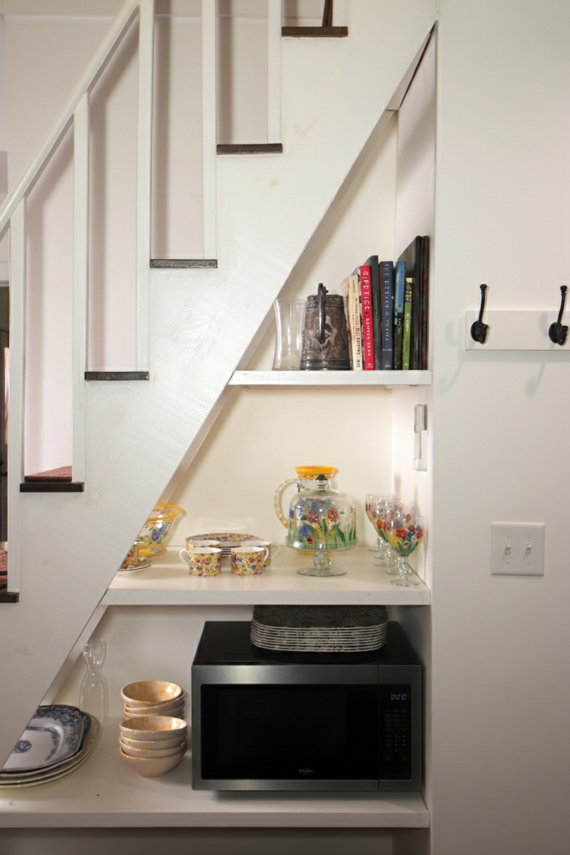 Built-in white shelves filled with glassware, dishes, books, and a microwave under a staircase.