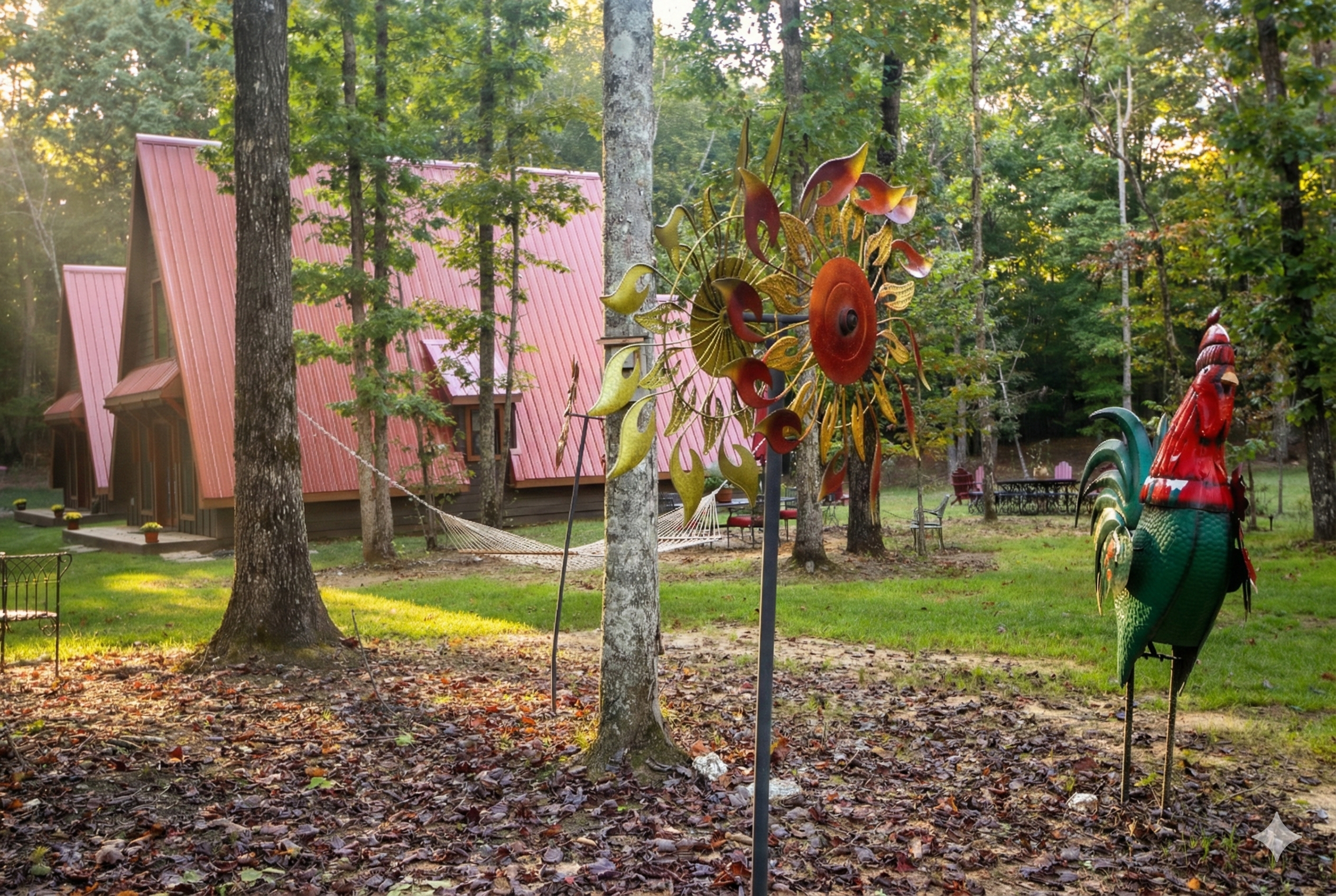Outdoor scene showing colorful metal sculptures, trees, and a building with a pink metal roof in the background.