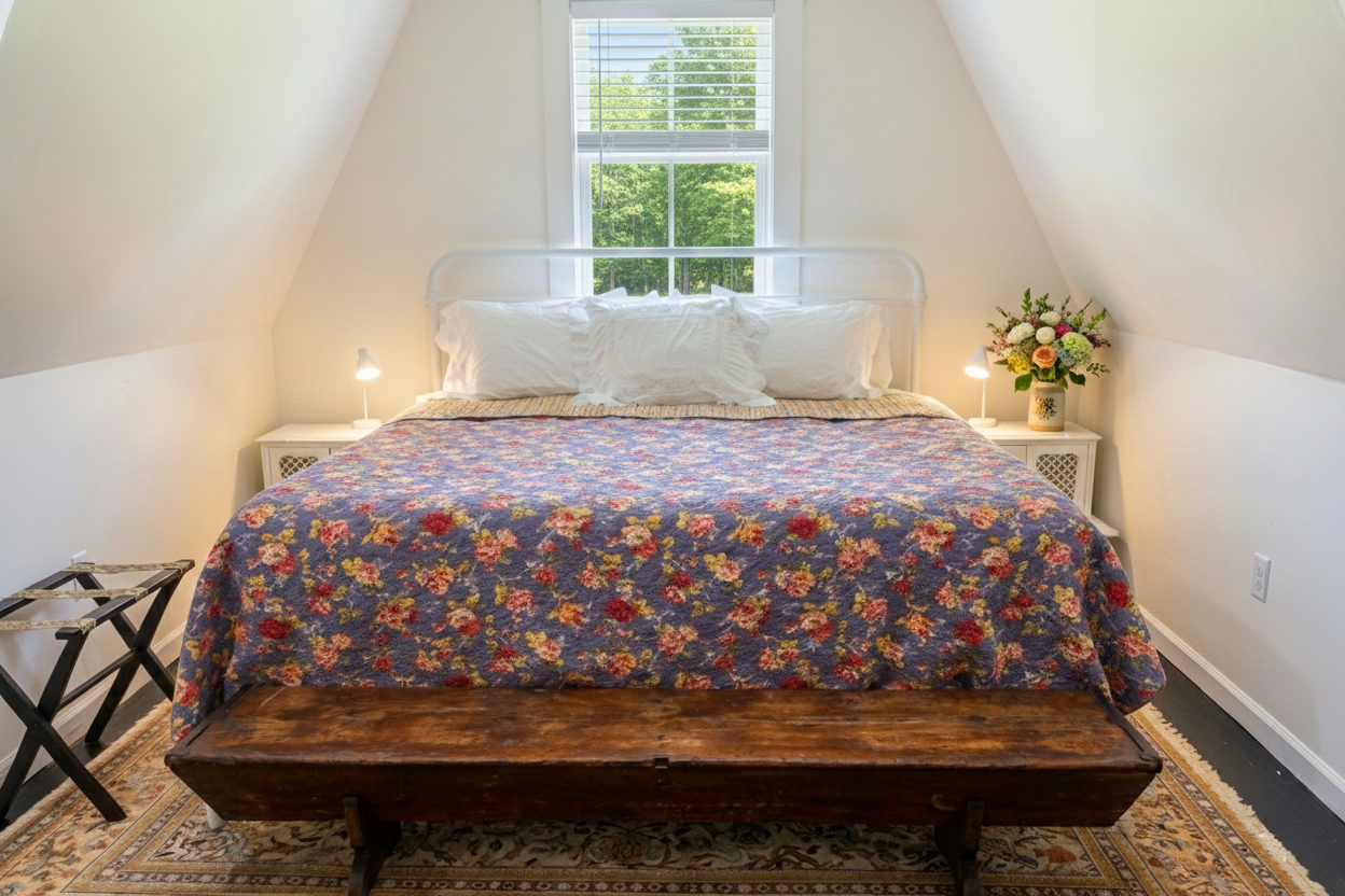 A cozy bedroom with a white bed, floral quilt, and pillows. There are two small white nightstands with lamps, a window with blinds, and a bouquet of flowers on one nightstand. A wooden bench is at the foot of the bed, and a small luggage rack is to t
