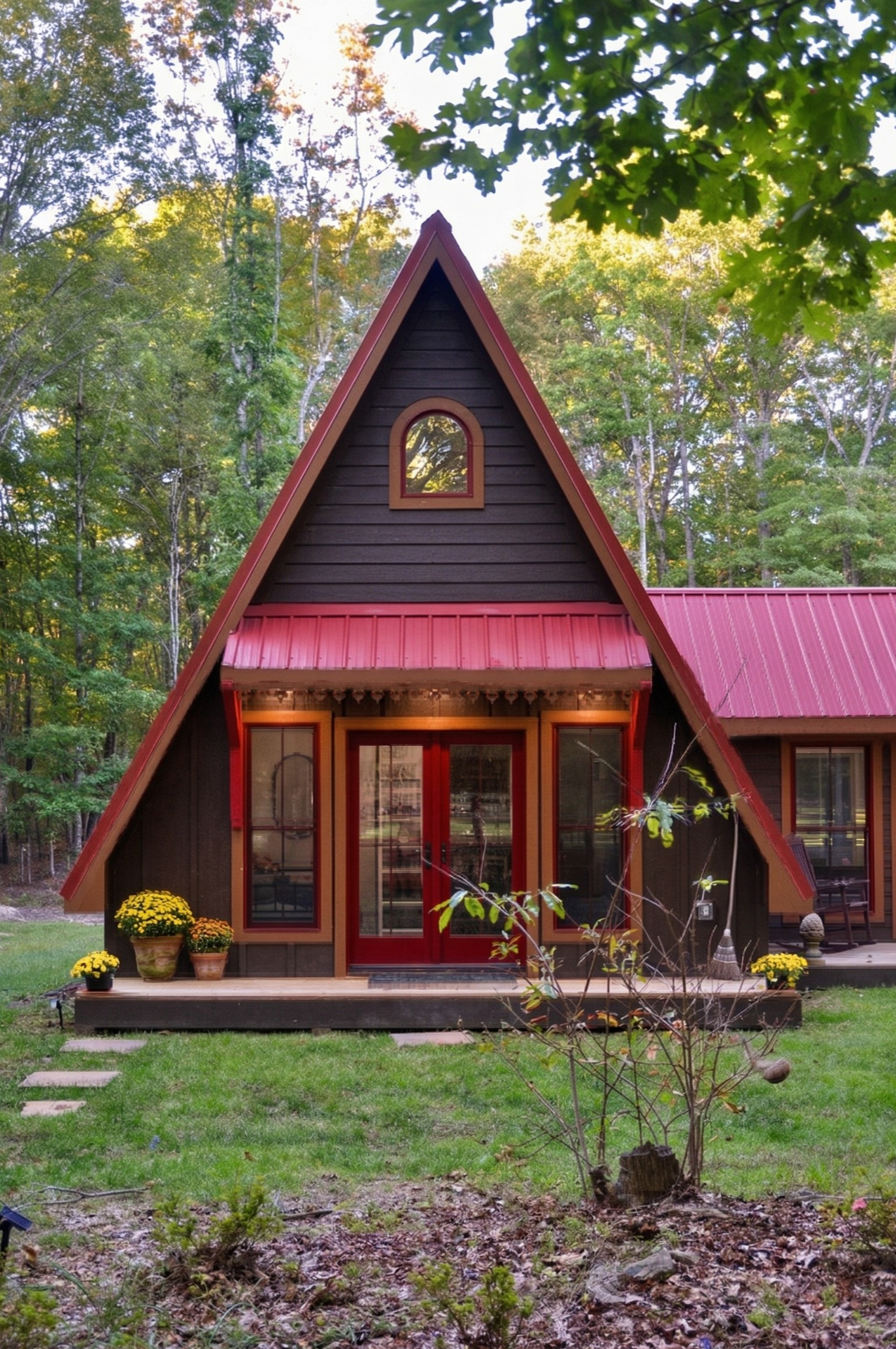 A small A-frame house with black siding, red trim, and a red metal roof, situated in a wooded yard with potted yellow flowers in front.
