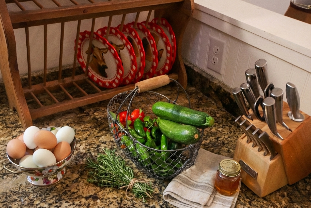 A kitchen countertop with a bowl of brown and white eggs, a bunch of fresh rosemary, a wire basket of fresh cucumbers and cherry tomatoes, a wooden knife block with stainless steel knives, a jar of honey, and a dish towel. Behind, there's a wooden di