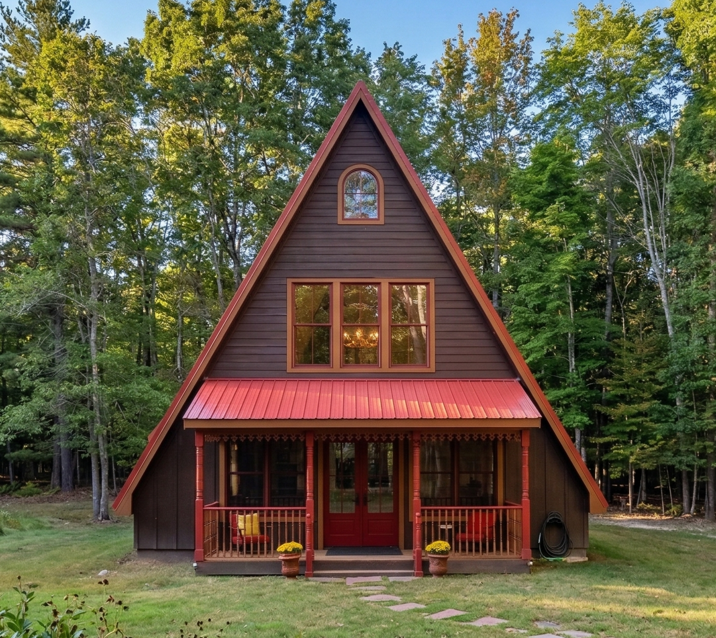 A brown A-frame house with a red metal roof and trim, surrounded by trees, with a small front porch decorated with potted plants and yellow flowers.