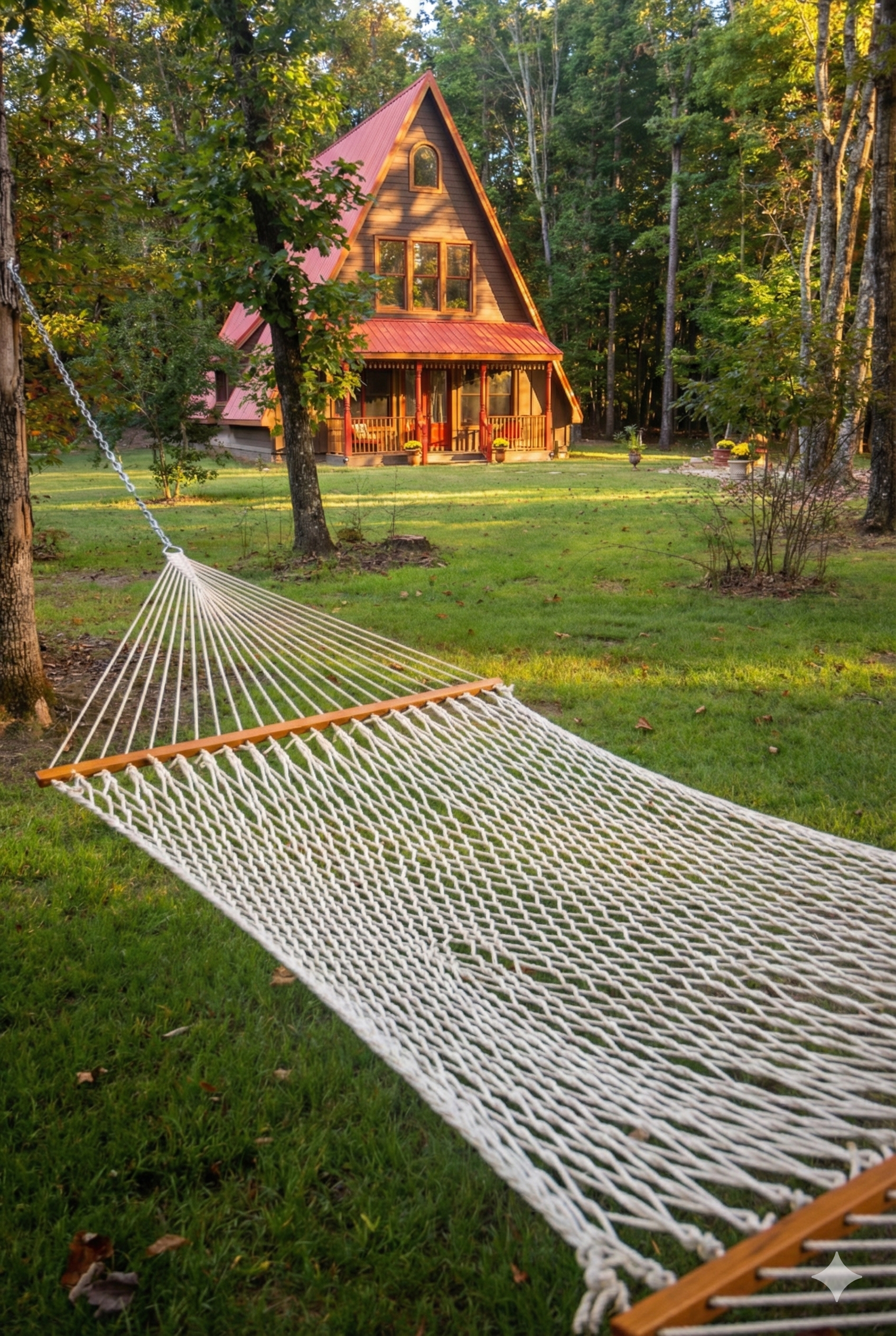 A cozy, A-frame wooden house with a red roof, large front windows, and a porch with potted plants, surrounded by trees and green lawn. A white hammock is stretched between trees in the foreground.