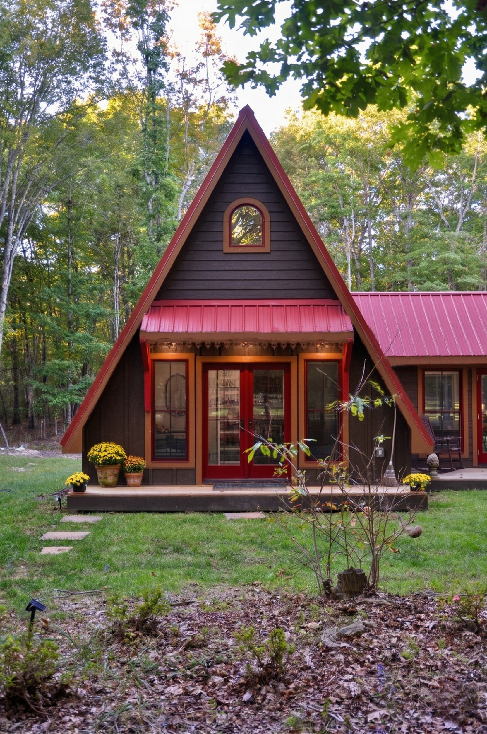 A small A-frame house with black siding, a red metal roof, and a front porch with potted yellow flowers, surrounded by trees and greenery.