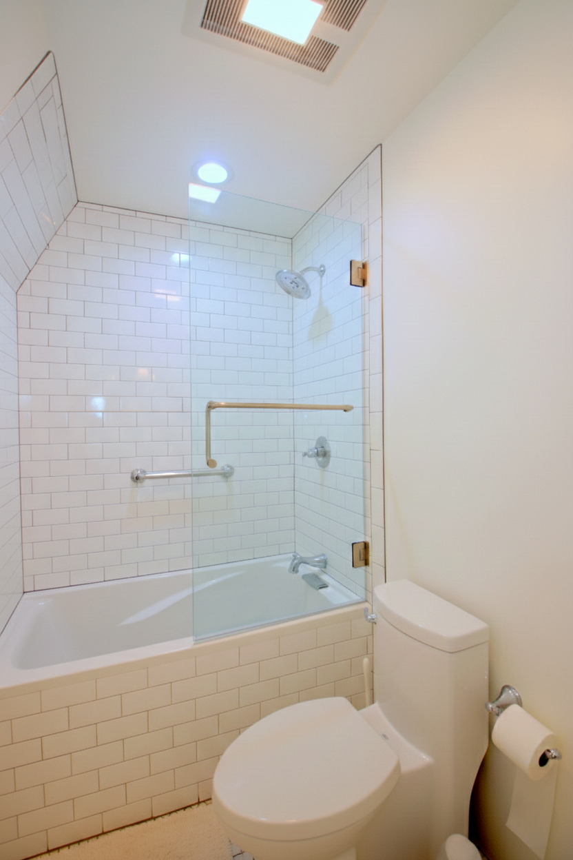 Bathroom with a bathtub, glass shower partition, white subway tile surround, toilet, and a ceiling vent.