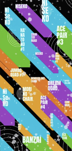 Tube ski and snowboard rectangular scarf design has the pattern of colorful blocks with the names of ski lifts in 3D block typography with subtle line art detail.