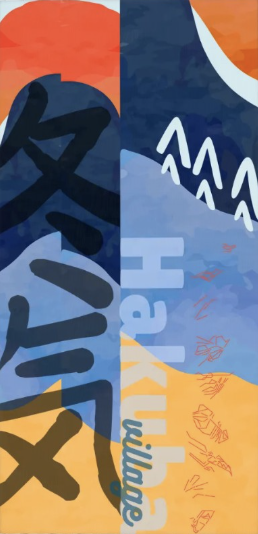 A red, blue, yellow and white geometric patterned scarf with the map of each resort in Hakuba Japan and some Japanese characters on it that says winter and air