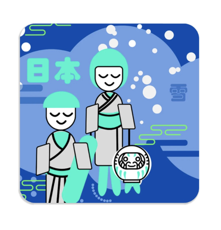 A product image of a refrigerator magnet for a Japanese souvenir that is blue, teal, white and black illustrative image of a family of kimono dressed kokeshi and daruma doll snowboarder and skiers.