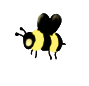 Cute cartoon bee with yellow and black stripes, wings, and antennae.