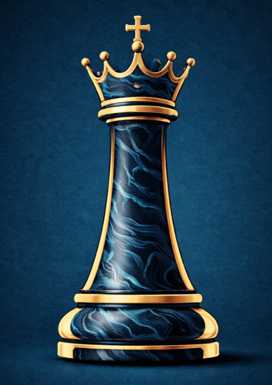 A dark blue chess rook piece with a marbled texture, topped with a golden crown with a cross, gold accents and a dark blue marble-like base.