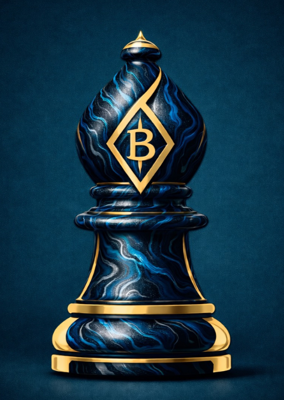 A stylized chess piece resembling a king, made of blue and gold marbled material with a gold emblem featuring a diamond shape and the letter B, set against a matching blue background.