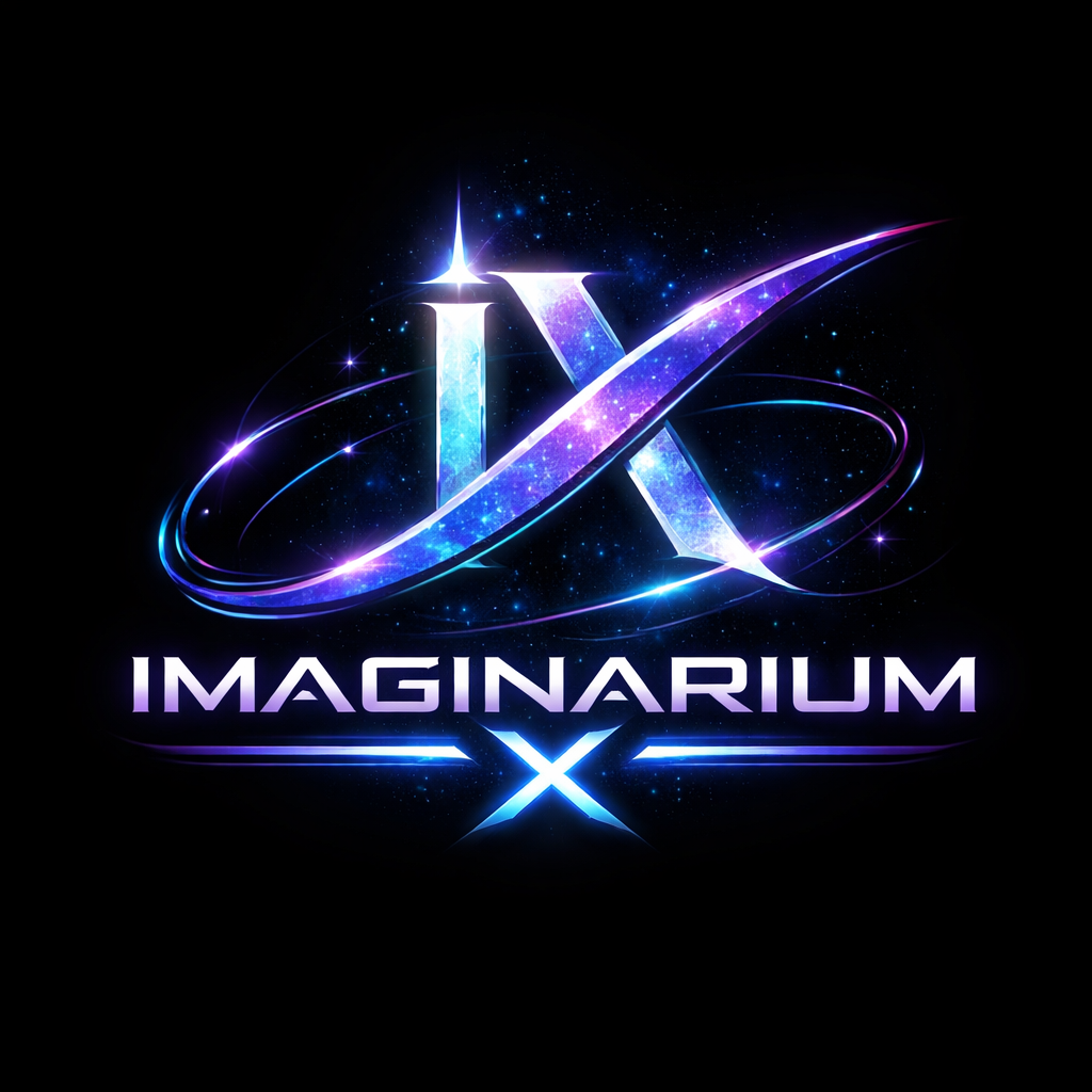 A logo with a glowing letter 'X' and a stylized 'Imaginarium' text, featuring cosmic and galaxy-like visual effects on a black background.