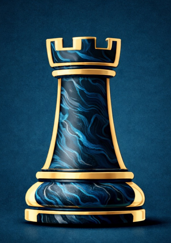 A stylized chess rook piece with a marbled blue and black pattern, outlined in gold, against a dark blue background.