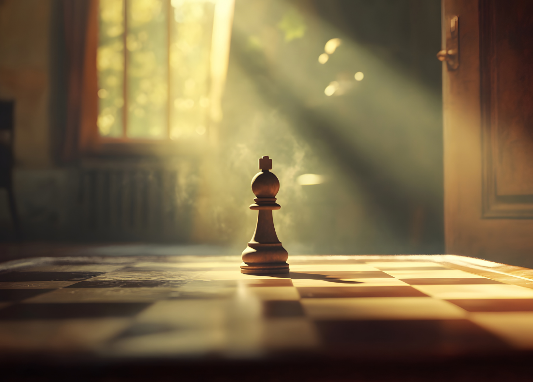 A lone chess pawn on a chessboard near a window with sunlight streaming in.