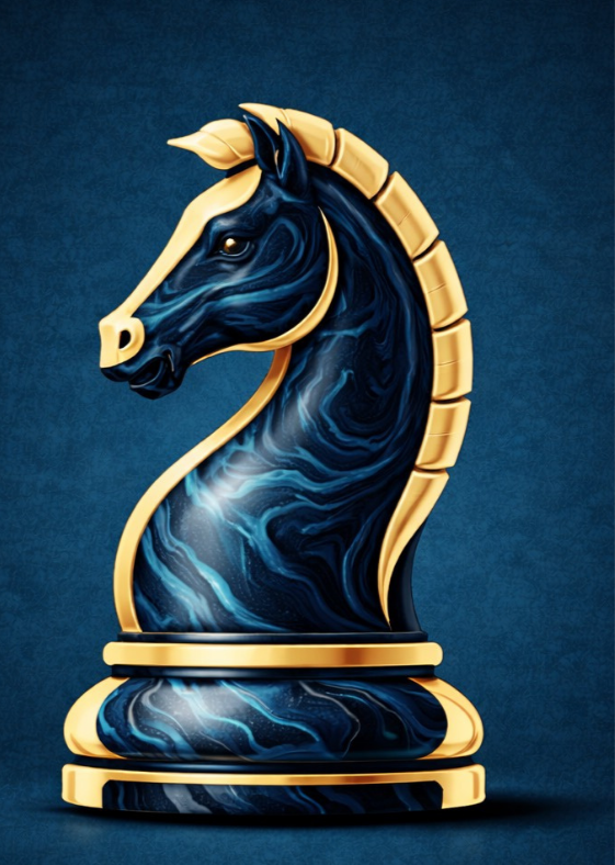 A decorative black and gold chess knight piece with swirling blue marble patterns on its surface.