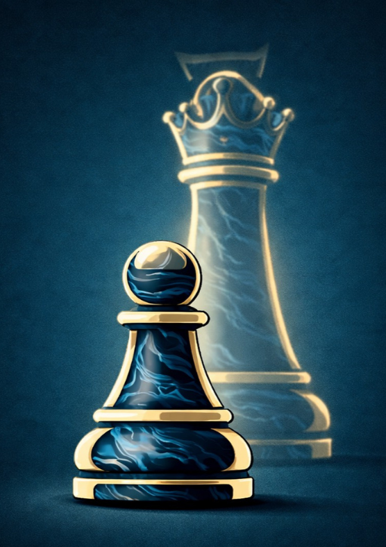 A digitally stylized chess pawn in front of a larger, transparent chess king in the background, both with blue and gold color accents.