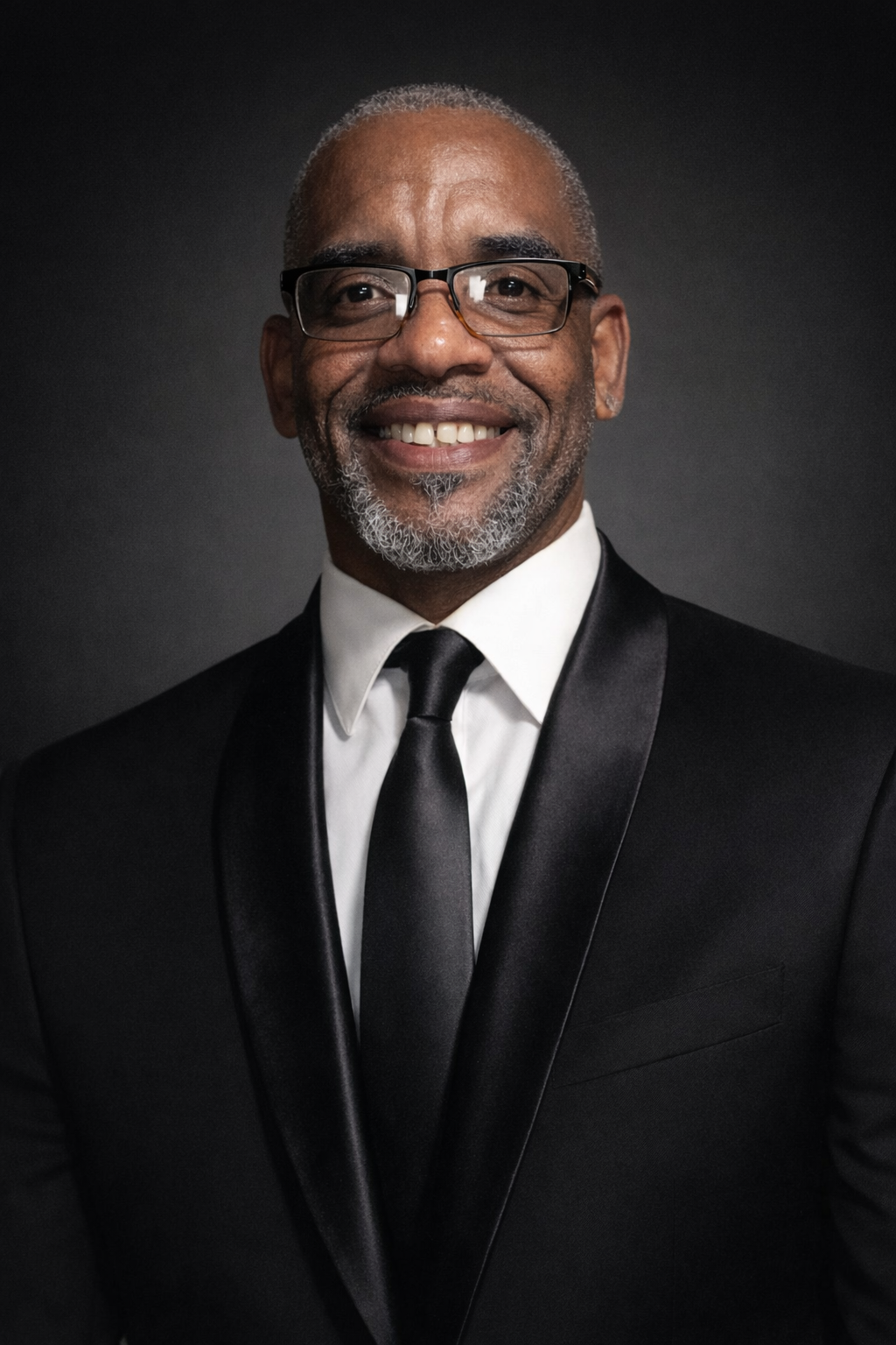 Portrait of a smiling African American man with gray hair and beard, wearing glasses, a white shirt, black tie, and black tuxedo against a dark background.