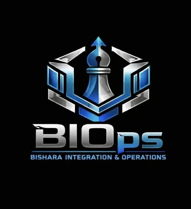 A logo featuring a blue and silver chess piece inside a shield with three arrows pointing upward, and the text 'BIOps' with 'BISHARA INTEGRATION & OPERATIONS' underneath.