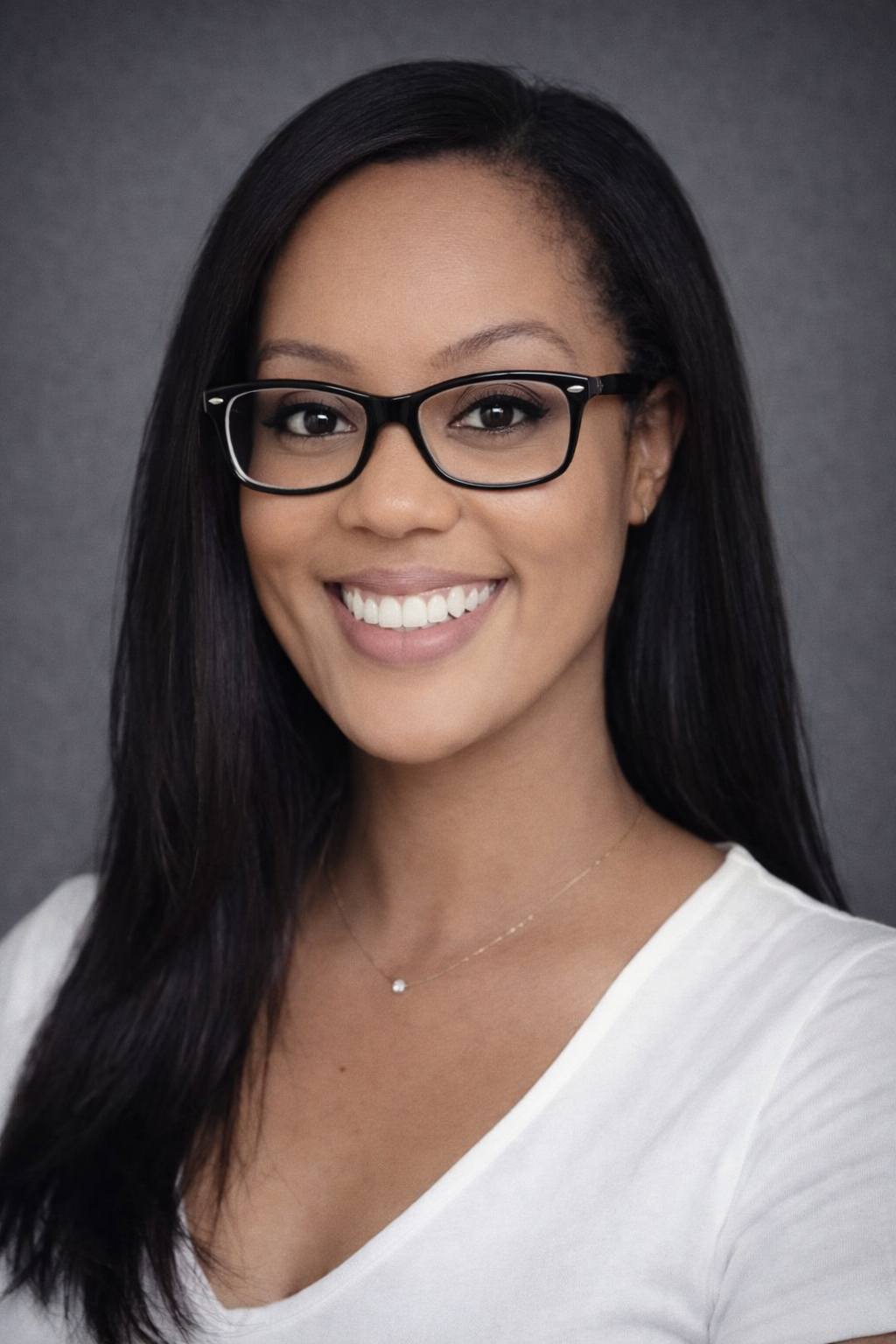 A smiling woman with long black hair, glasses, and a necklace, wearing a white top, against a gray background.